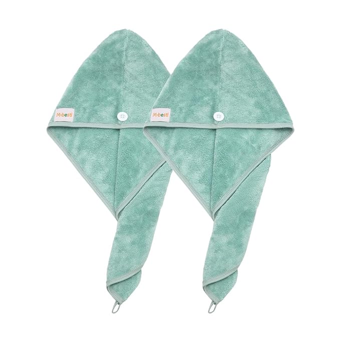 M-bestl 2 Pack Microfiber Hair Towel Wrap,Hair Drying Towel with Button, Hair Towel Turban,Head Towel to Dry Hair Quickly (Green&Green)