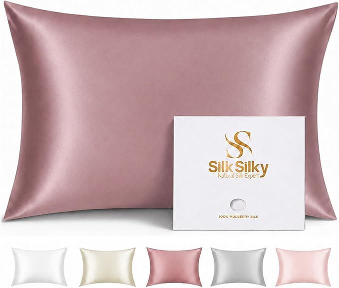 SilkSilky 100% Pure Organic Mulberry Silk Pillowcase for Hair & Skin, Both Sides Grade 6A Pillow Cases with Hidden Zipper, Breathable Cooling Silk for Beauty Sleep (Standard 20''x26'', PaleMauve)