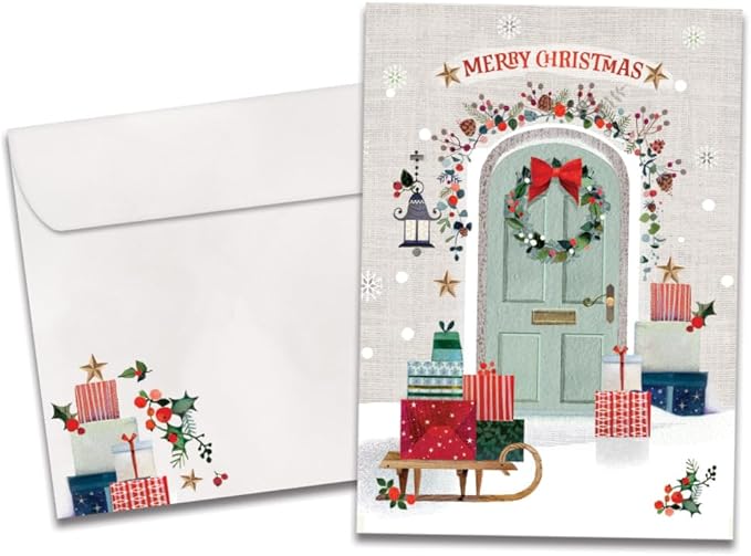 Tree-Free Greetings - Season's Greeting Cards - Artful Designs - 12 Cards + Matching Envelopes - Made in USA - 100% Recycled Paper - 5 x 7 - Festive Door (VP80731)
