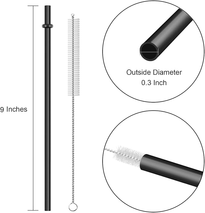 15 Pieces 9 Inch Black Reusable Plastic Replacement Drinking Straws, Fit for 24 oz 32oz 40oz Mason Jars, Tumblers, BPA Free Unbreakable Drinking Straws with Cleaning Brush