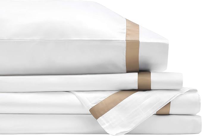 BIOWEAVES 100% Organic Cotton Banded Sheet Set, Soft Sateen Weave GOTS Certified with deep Pockets (Queen, White & Sand)