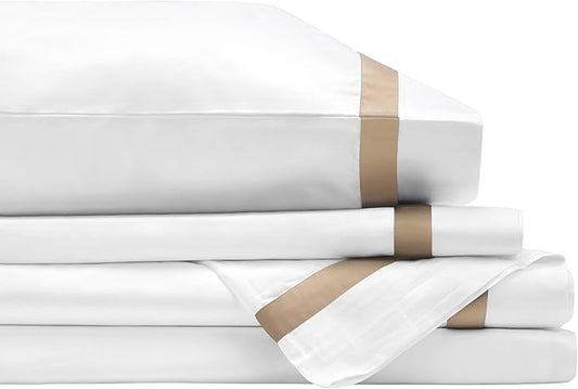 BIOWEAVES 100% Organic Cotton Banded Sheet Set, Soft Sateen Weave GOTS Certified with deep Pockets (Queen, White & Sand)