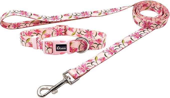 Dog Collar Leash Set, Floral Pattern, Polyester Material, Adjustable Collar and 5ft Matchcing Leash, for Large Dogs.(L, Pink Lily)