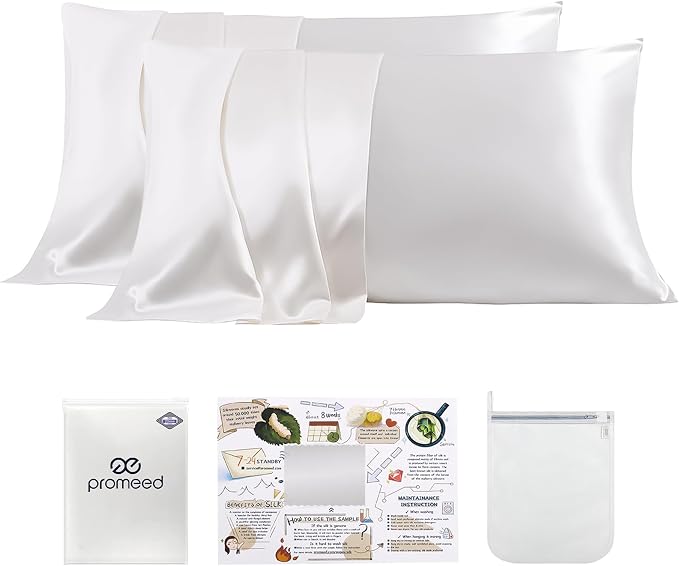 PROMEED White Silk Pillowcase 2 Pack for Hair and Skin, Both Sides 100% 23 Momme Mulberry Silk Pillow Case Set of 2 with Hidden Zipper, Soft and Breathable (Standard 20"x26", White)