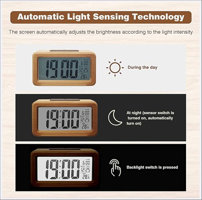 Alarm Clocks, Digital Alarm Clock Wooden Large LED, Smart Sensor Night Light with Snooze, Date, Temperature, 12/24Hr Switchable,Easy to Use,Solid Wood Shell, for Bedrooms and Travel