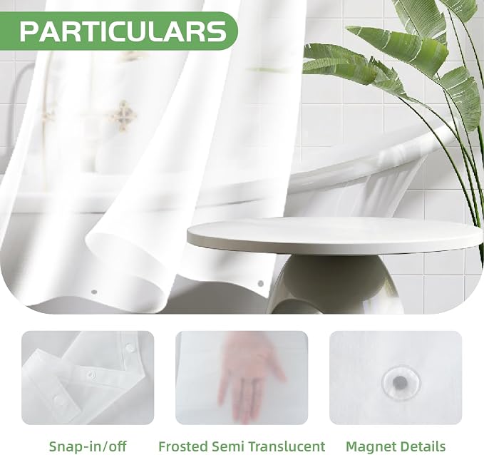 eachope 2 Pack PEVA Snap-in Shower Curtain Liner Replacement,Compatible with No Hook Shower Curtain with Snap in Liner, Removable & Water-Repellent,Machine Washable,70x54,Frost