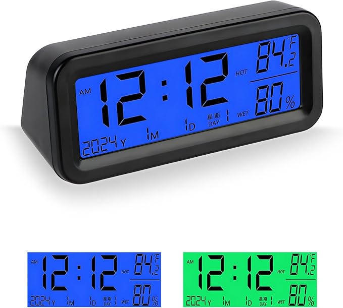 Car Digital Dashboard Clock, Solar Power Rechargeable Vehicle Electronic Clock with Night Backlight, Desk Watch with Day/Date/Temperature Display for Home Bedroom Office