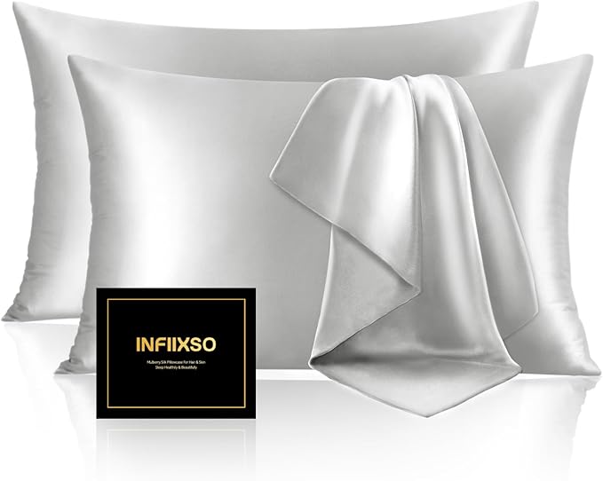 INFIIXSO Mulberry Silk Pillowcase for Hair and Skin, Silk Pillow Cases Queen Size Set of 2 with Hidden Zipper 20x30 Inches, Ultra Soft Cooling Pillow Cases for Hot Sleepers(Light Grey, 2 Pack)