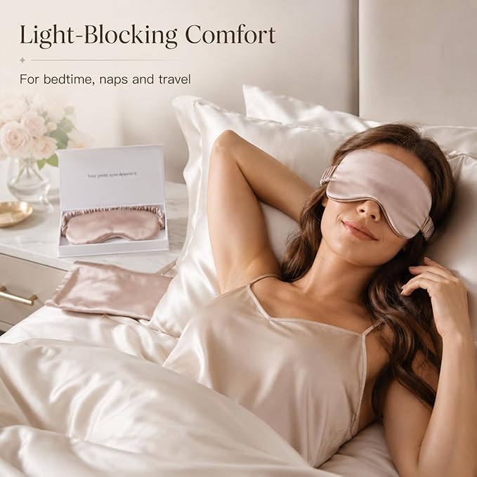 Silk Sleep Mask Light Blocking Luxury 100% Mulberry 19mm Silk Eye Mask Eye Cover Blindfold Ultra Soft Light & Comfy Anti Aging Skin Care with Travel Bag Gift Package