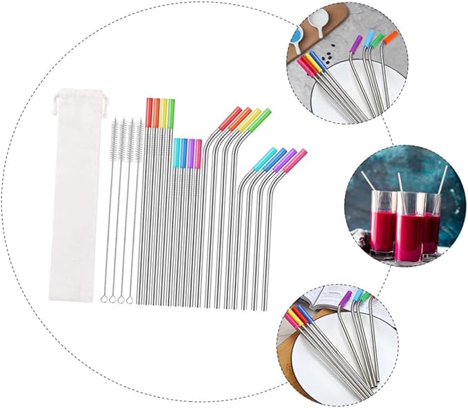 37pcs Stainless Steel Reusable Straws Set with Cleaning Brush and Carrying Bag for Party Drinks and Birthday Supplies