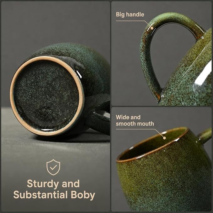21oz Large Handmade ceramic Mug, Big Ceramic Tea Cup, Durable and Heavy Microwave and Dishwasher Safe Pottery Coffee Mug with Handle, Reactive Glaze Stoneware Clay coffee mug (Dark Green and Blue)