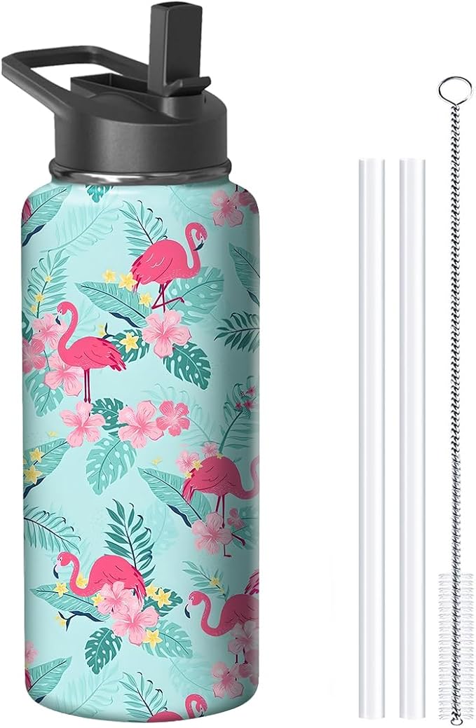 18oz Flamingo Water Bottle with Handle and Flip Straw, Animal Sports Stainless Steel Insulated Cup Travel Coffee Mug Tumbler, Birthday Mothers Day Chritmas Gifts for Women