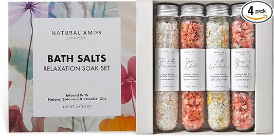 Natural Bath Salt Gift Set – 4-Pack Relaxing Soaks with Himalayan Pink Salt, Sea Salt, Essential Oils, Jojoba Oil & Dried Flowers – Spa Gift for Women & Self Care