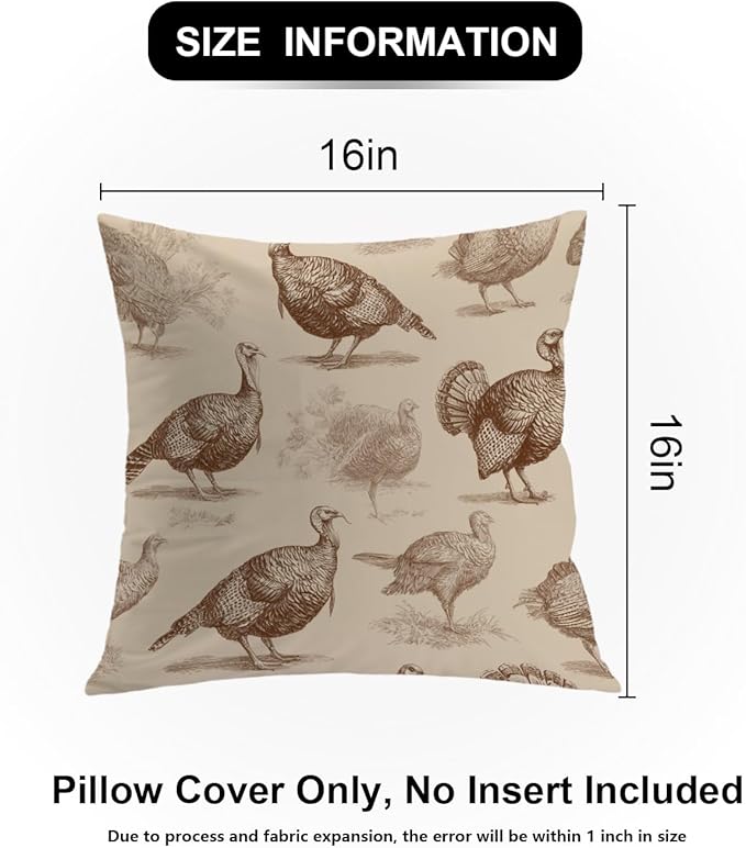 Shrahala Wild Turkeys Decorative Throw Pillow Cover, Vintage Turkey Illustration Square Pillowcase Blended Double-Sided No Inserts for Bedroom Living Room Set of 2 (16 x 16 in)