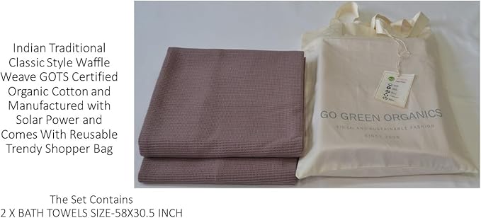 WAFFLE BATH TOWEL PACK OF 2, 30.5x58 INCHES, 100% ORGANIC COTTON, GOTS CERTIFIED (MAUVE) SUPER ABSORBANT & QUICK DRY, NO SOFTENERS, ENVIRONMENT FRIENDLY
