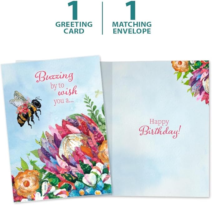 Tree-Free Greetings Sweet Bee Birthday Card - 1 Recycled 5x7 Card & Matching Envelope, Thick Cardstock, Made in USA - Colorful Flowery Pollination