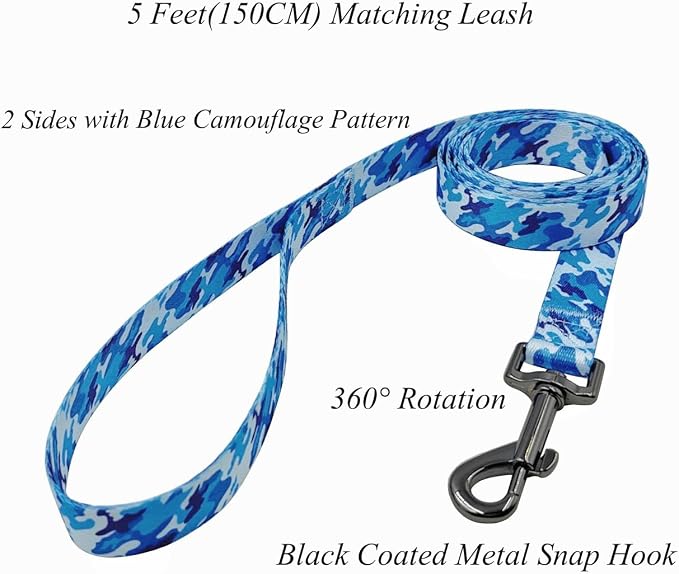 Dog Collar Leash Set, Camouflage Pattern, Polyester Material, Adjustable Collar and 5ft Matching Leash, for Medium Dogs.(M, Blue Camo)