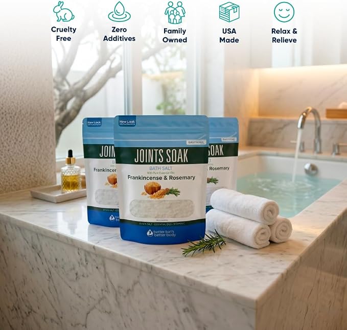 Joints Bath Soak (3 Pack) Soothing Epsom Salt with Rosemary and Frankincense Essential Oils Plus Vitamin Crystals in BPA Free Pouch Three 2 lbs Pouches 6 Lbs Total