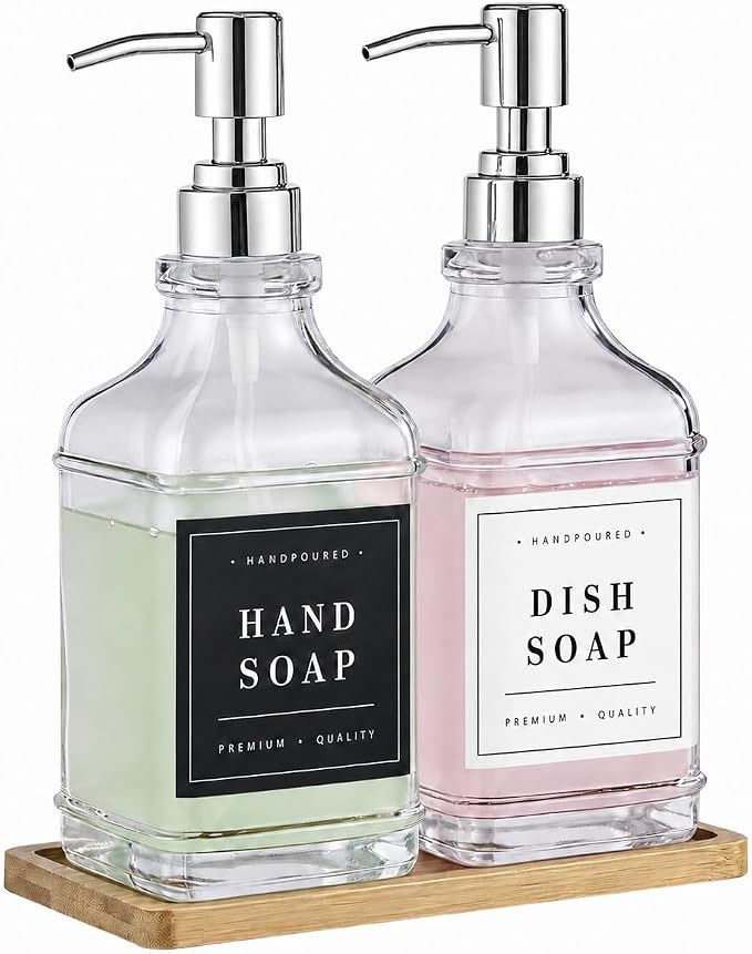 Clear Glass Soap Dispenser Set: Modunful 2 Pack 16.9oz Countertop Soap Dispenser with Bamboo Tray, Silicone Funnel & 60 Waterproof Stickers - for Kitchen Bathroom