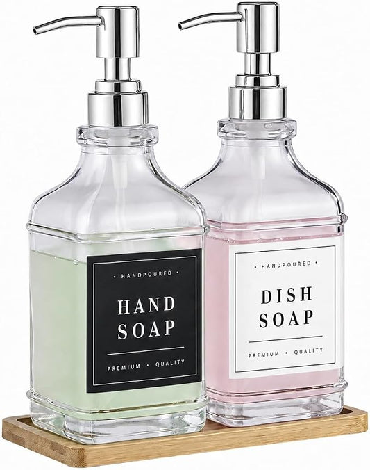 Clear Glass Soap Dispenser Set: Modunful 2 Pack 16.9oz Countertop Soap Dispenser with Bamboo Tray, Silicone Funnel & 60 Waterproof Stickers - for Kitchen Bathroom