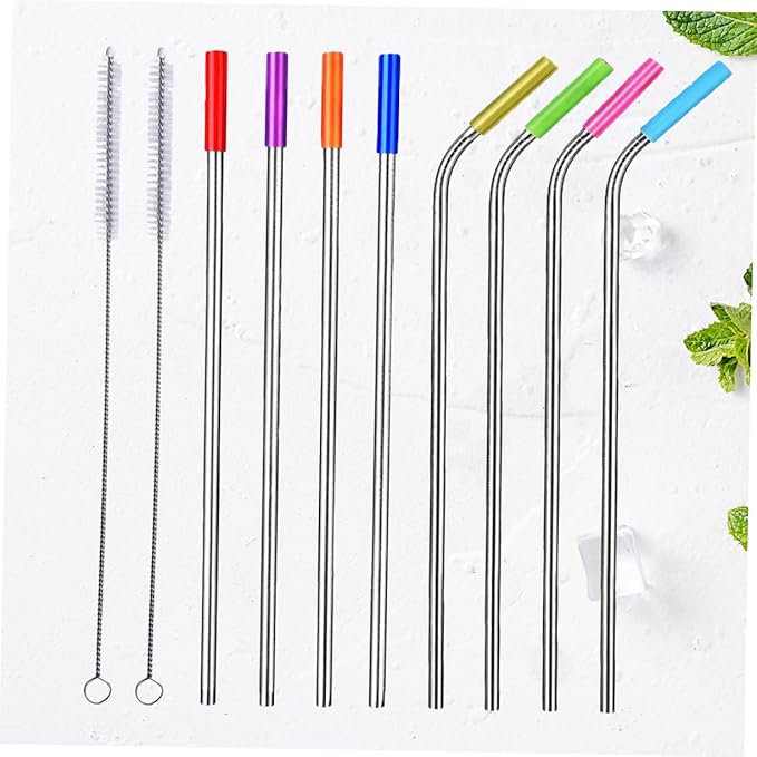 304 Stainless Steel Reusable Drinking Straws Set 8pcs Curved and Straight Straws with Food-Grade Silicone Tips Includes Cleaning Brush for Smoothies and Bubble Tea