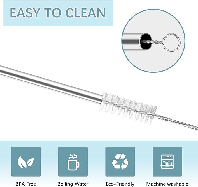 66 Pack of metal straws reusable,30 Straight+30 Bent 8.5 Inch Stainless Steel Straws,6 Cleaning Brushes Included, Perfectly Compatible with 20oz Cup Tumblers