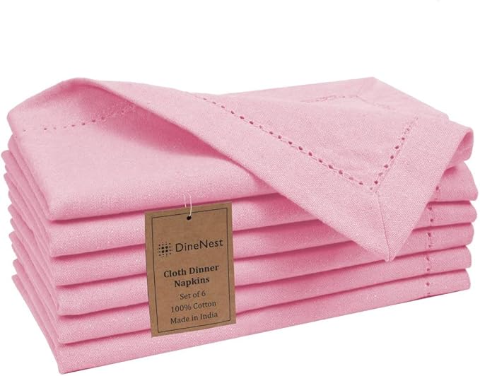 Hemstitch Dinner Napkins 100% Cotton Set of 6 - for Dining Special Occasions Weddings Parties Holidays Easter - Soft Durable Reusable - Elegant 18x18 Inch Table Cloth Napkins Baby Pink