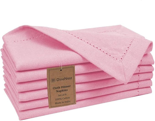 Hemstitch Dinner Napkins 100% Cotton Set of 6 - for Dining Special Occasions Weddings Parties Holidays Easter - Soft Durable Reusable - Elegant 18x18 Inch Table Cloth Napkins Baby Pink