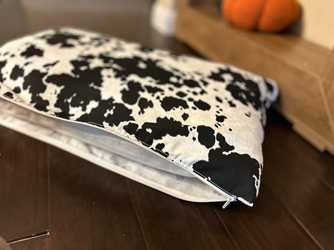 Natural Cotton Canvas Dog Bed – Raw Cotton Filled Pet Cushion Insert, Breathable Eco-Friendly Dog Mattress, Durable Washable Cover with Zipper (Cow Print Black White, Small 36"x22"x3")