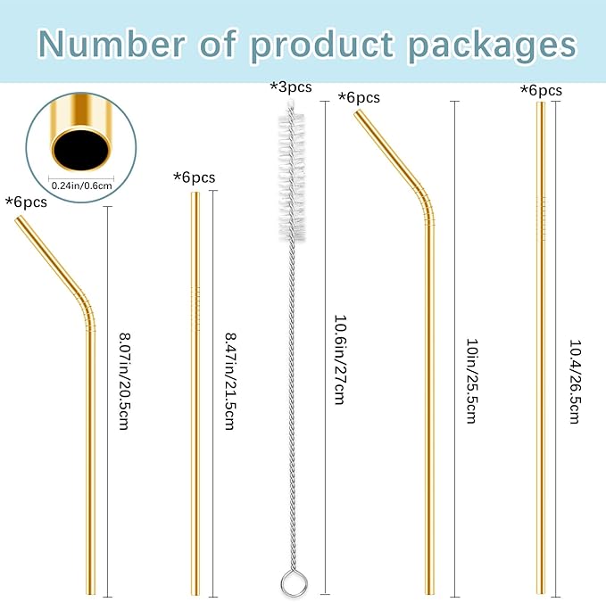 27 Pack metal straws reusable,12 Pcs Straight +12 Pcs Bent,3 Pcs Cleaning Brushes Included,stainless steel straws for 20oz and 30oz Tumblers Dishwasher Safe