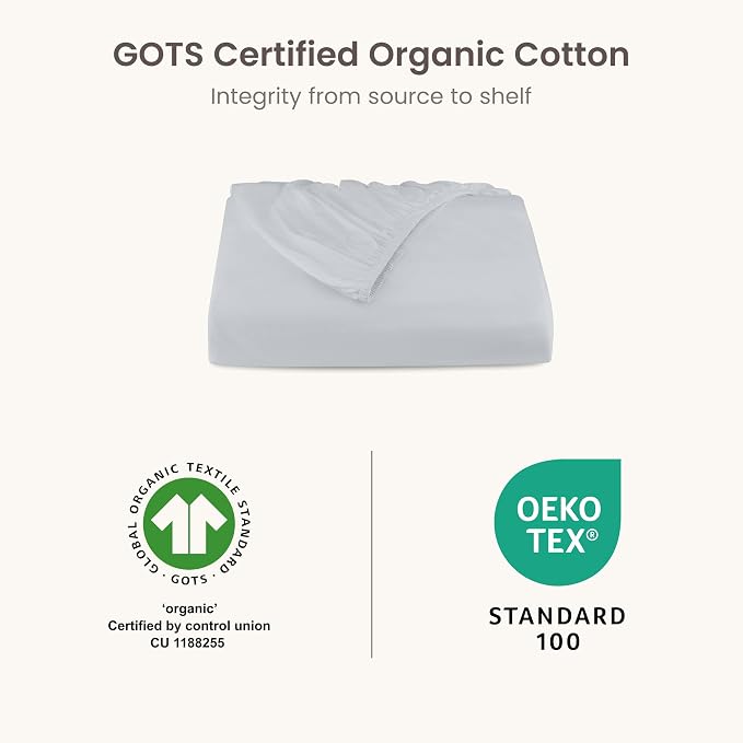 BIOWEAVES 100% Organic Cotton 1 Twin XL Fitted Sheet Only | 300 Thread Count Sateen Weave GOTS Certified with Deep Pocket - Glacier Gray