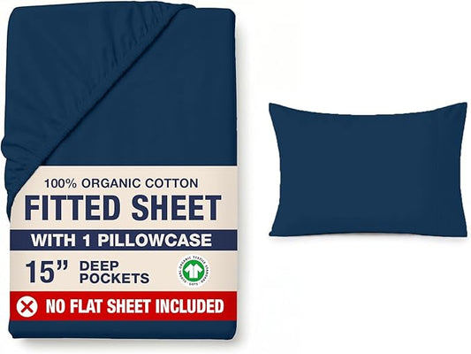 LANE LINEN Twin XL Fitted Sheet, 100% Organic Cotton 2-Piece Set (1 Fitted Sheet, 1 Pillowcase), Percale Weave, Bottom Sheet, Soft, Breathable, Fits Mattress Upto 15" Deep - Navy (No Flat Sheet)