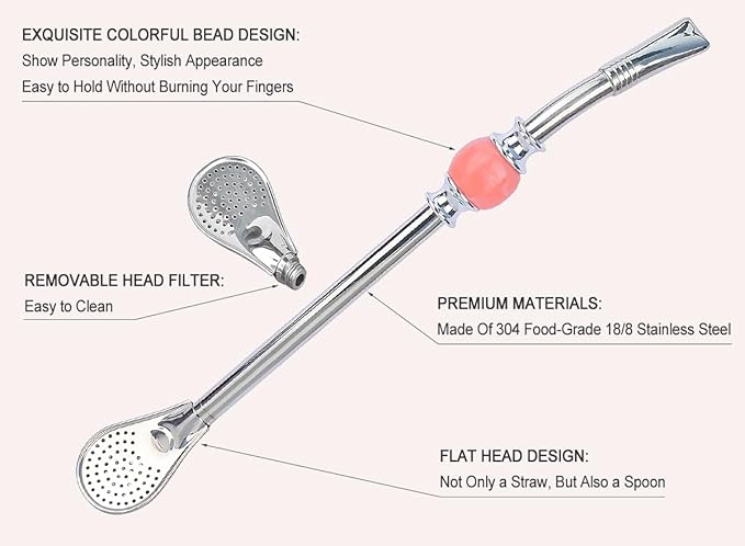 Premium Yerba Mate Straws - Reusable Stainless Steel Bombilla Straw with Colorful Beads - Set for Mate Gourd Drinking, Removable Head Filter (Pink)