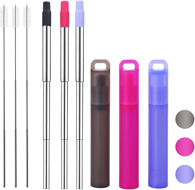 NAIVELY-Reusable Metal Straws 3 Pack Collapsible Stainless Steel Straw,travel straw with case and Cleaning Brush,Retractable Portable Pocket Straws(Gray, Red, Purple orchid, Telescopic brush)