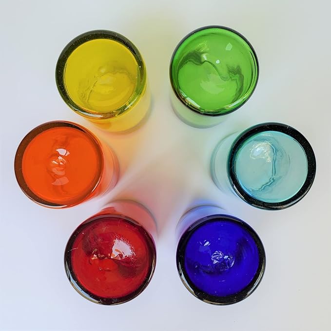 Rainbow Colored 14 oz Drinking Glasses (set of 6), Recycled Glass, Lead-free, Toxin-Free (14oz Drinking)