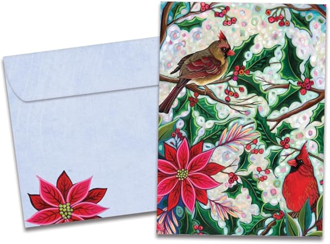 Tree-Free Greetings - Season's Greeting Cards - Artful Designs - 10 Cards + Matching Envelopes - Made in USA - 100% Recycled Paper - 5 x 7 - Holiday Cardinal (HB54444)