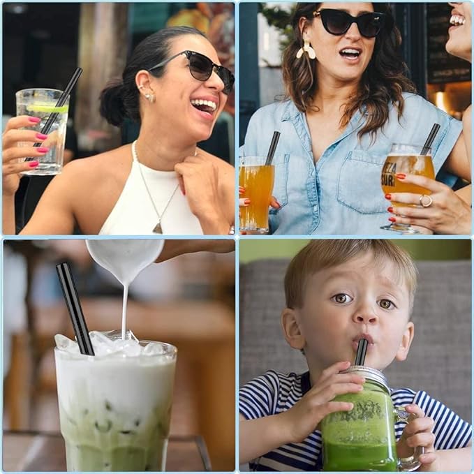 Vinaco Smoothie Straws Reusable & Milkshake Straws 0.5" Diam Wide Mouth Straw, Set of 6 Stainless Steel Straws 10.5" & 8.5" with 1 Long Straw Cleaner Brush，Black Metal Straws for Jumbo Thick Drinks