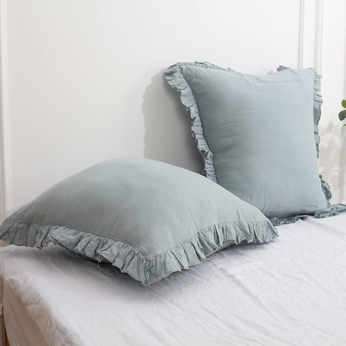 Simple&Opulence 100% Linen Euro Sham Covers with Ruffle, 26x26 Inch Pillow Covers Set of 2, Euro Pillow Shams for Bed Couch French Home Decor Luxury and Breathable Square Pillow Cases, Dusty Blue