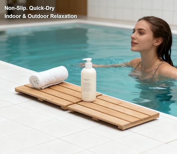 Small Bamboo Bath Mat – Mini Wooden Shower Floor Mat for Compact Bathroom, RV or Tight Spaces, Non-Slip, Quick Dry, Easy to Clean, Indoor Outdoor Use, 15.8" x 10.2" by PELYN
