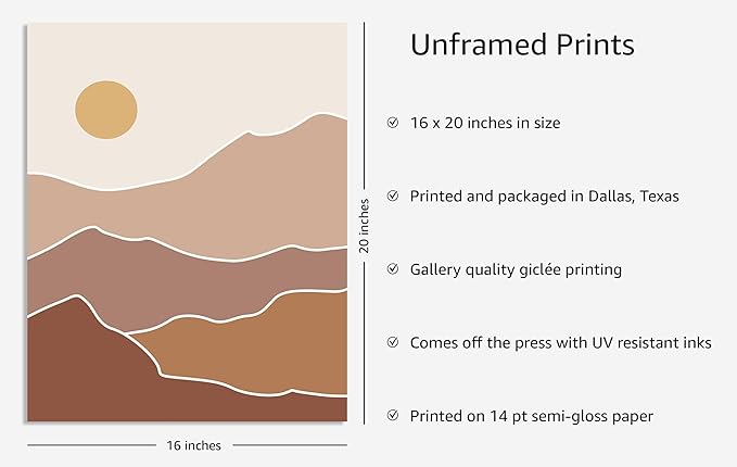 Y2K BOO Abstract Mountain Landscape UNFRAMED Wall Art Sun Rolling Hills Earth Tones Terracotta Mid Century Modern 16x20 Inch Heavyweight Paper Minimalist Studio Decor