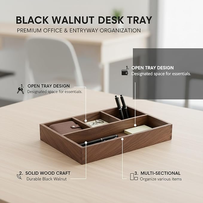 Solid Black Walnut Wood Desk Organizer Tray for Office, Entryway, and Home Storage