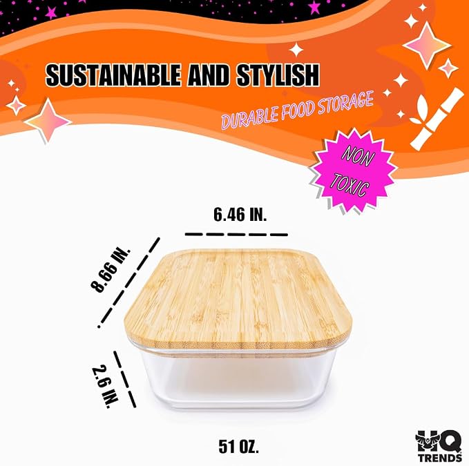 HQ Glass Container with Natural Brown Wooden Bamboo Lid Eco-Friendly Storage Airtight 51 oz Rectangular Baking Dish Storage Refrigerator Boxes 1520 ML
