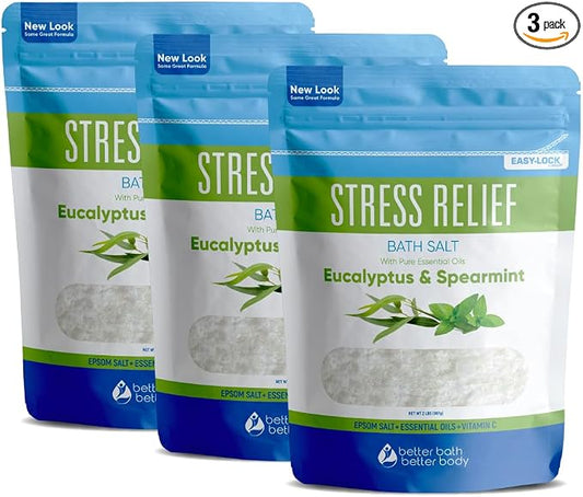 Stress Relief Bath Salt (3 Pack) Epsom Salt Relaxing Bath with Eucalyptus and Spearmint Essential Oils Plus Vitamin C Crystals in BPA Free Pouch Made in USA 2 lbs Pouches 6 Lbs Total