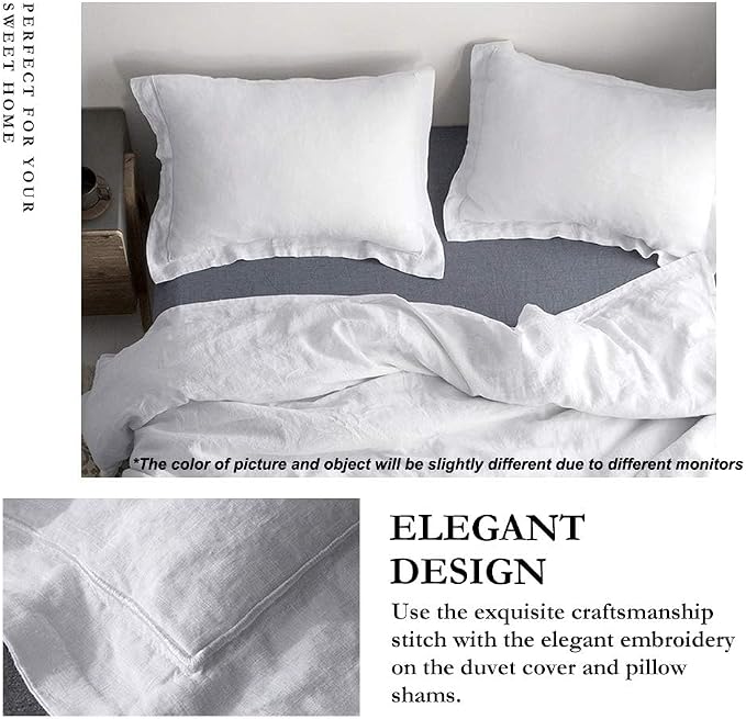 Simple&Opulence 100% Linen Duvet Cover Set with Embroidery Border Washed - 2 Pieces (1 Duvet Cover & 1 Pillow Sham) with Button Closure Soft Breathable Farmhouse - White, Twin Size