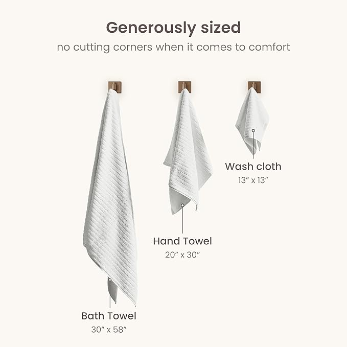 BIOWEAVES 100% Organic Cotton 6-Piece Luxury Bathroom Ribbed Towel Set GOTS Certified 700 GSM, 2 Bath Towel, 2 Hand Towel & 2 Wash Cloths - White