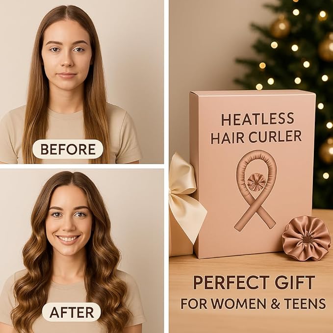 Heatless Hair Curler Set for Women - Satin No-Heat Curling Rod with 2 Scrunchies & Hair Clip, Overnight Heatless Curls for All Hair Types (Pink)