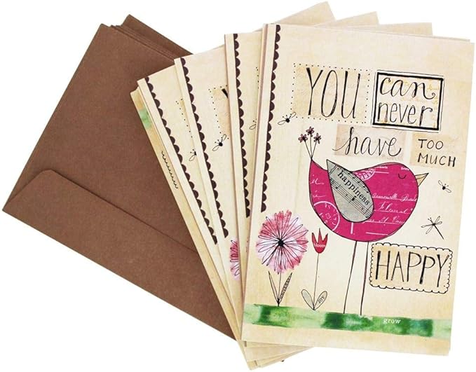 Tree-Free Greetings Never Too Happy All Occasion Cards - 12 Recycled 4x6 Notecards & White Envelopes, Thick Cardstock, Made in USA - Whimsical Bird Collage