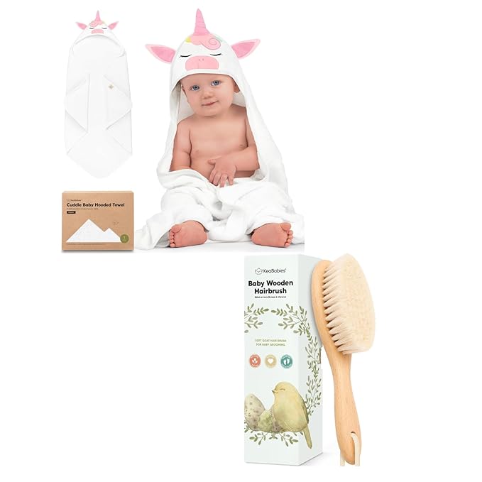 KeaBabies Baby Hooded Towel and Baby Hair Brush - Soft Bath Towels with Hood for Kids and Infant, Wooden Hairbrush with Soft Goat Bristles for Cradle Caps
