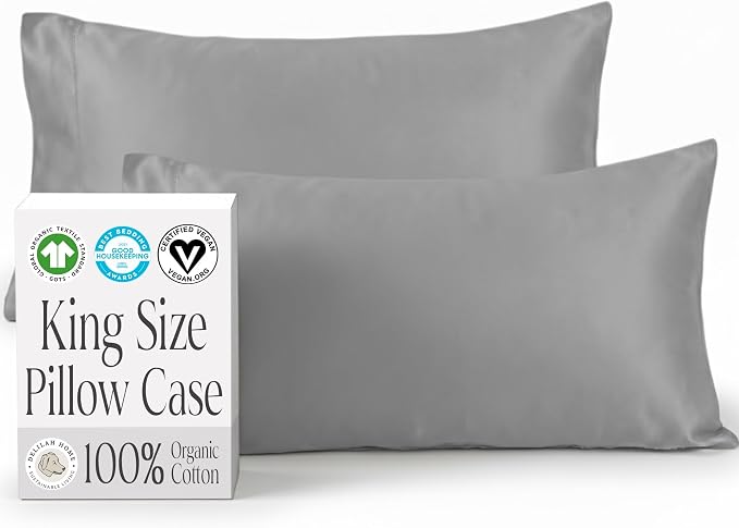Delilah Home 100% Organic Cotton King Pillow Case, GOTS & Vegan.org Verified, Long Stem 300 TC Sateen Bedding, Non-Synthetic, Deep Pocket Fitted Linen, Lightweight, All-Season, 2 Pieces Set - Grey