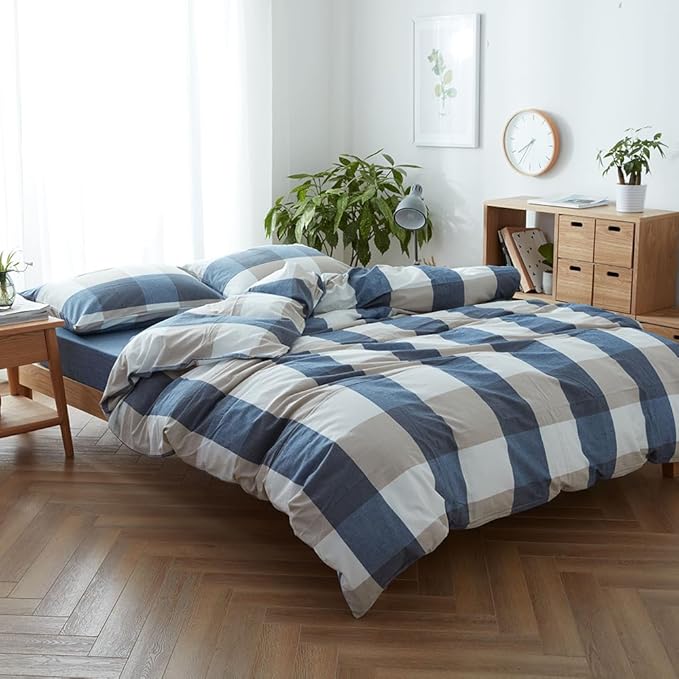 FACE TWO FACE Bedding Duvet Cover Set100% Washed Cotton Duvet Cover Linen Like Textured Breathable Durable Soft Comfy (King, Blue and White Grid)